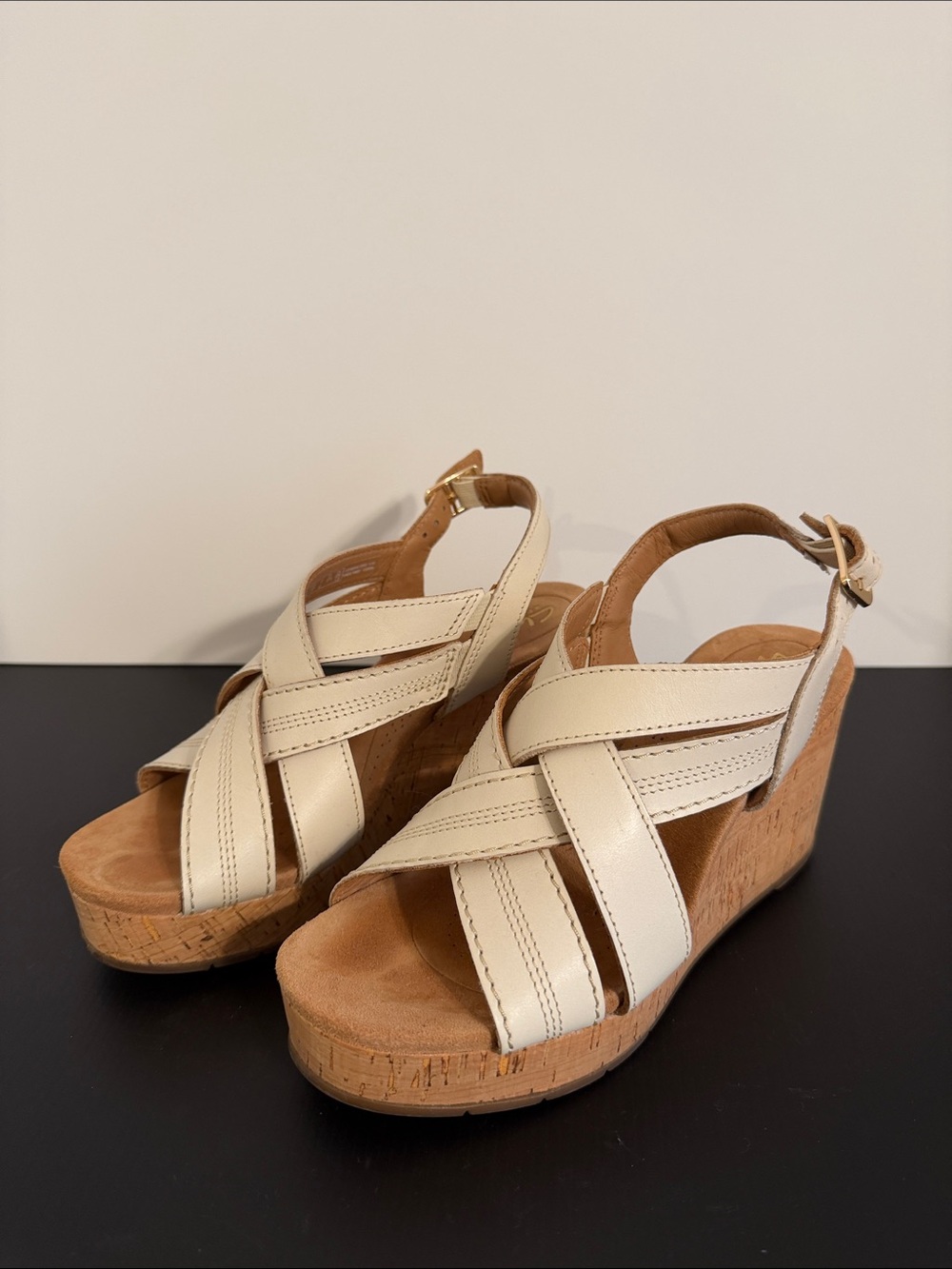 CLARKS Women’s Cream Cork Wedge Sandals with Crisscross Straps